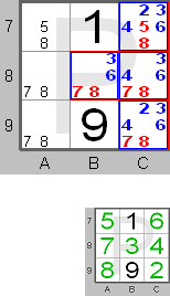 Hidden quads found by the Sudoku Instructions Program with part of the solution